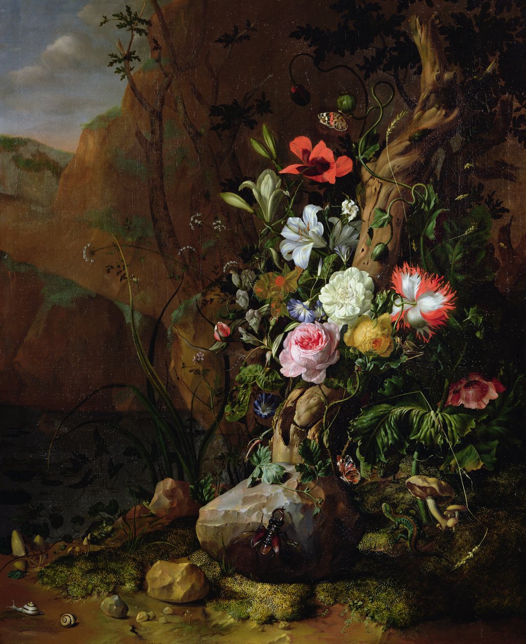 Pień drzewa otoczony kwiatami, motylami i zwierzętami, 1685 autorstwa Rachel Ruysch