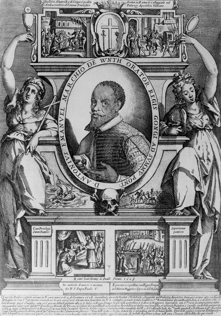 Portret ambasadora Antoniusa Emanuela, z czterema scenami historycznymi z jego życia, 1608 autorstwa Raffaello Schiaminossi