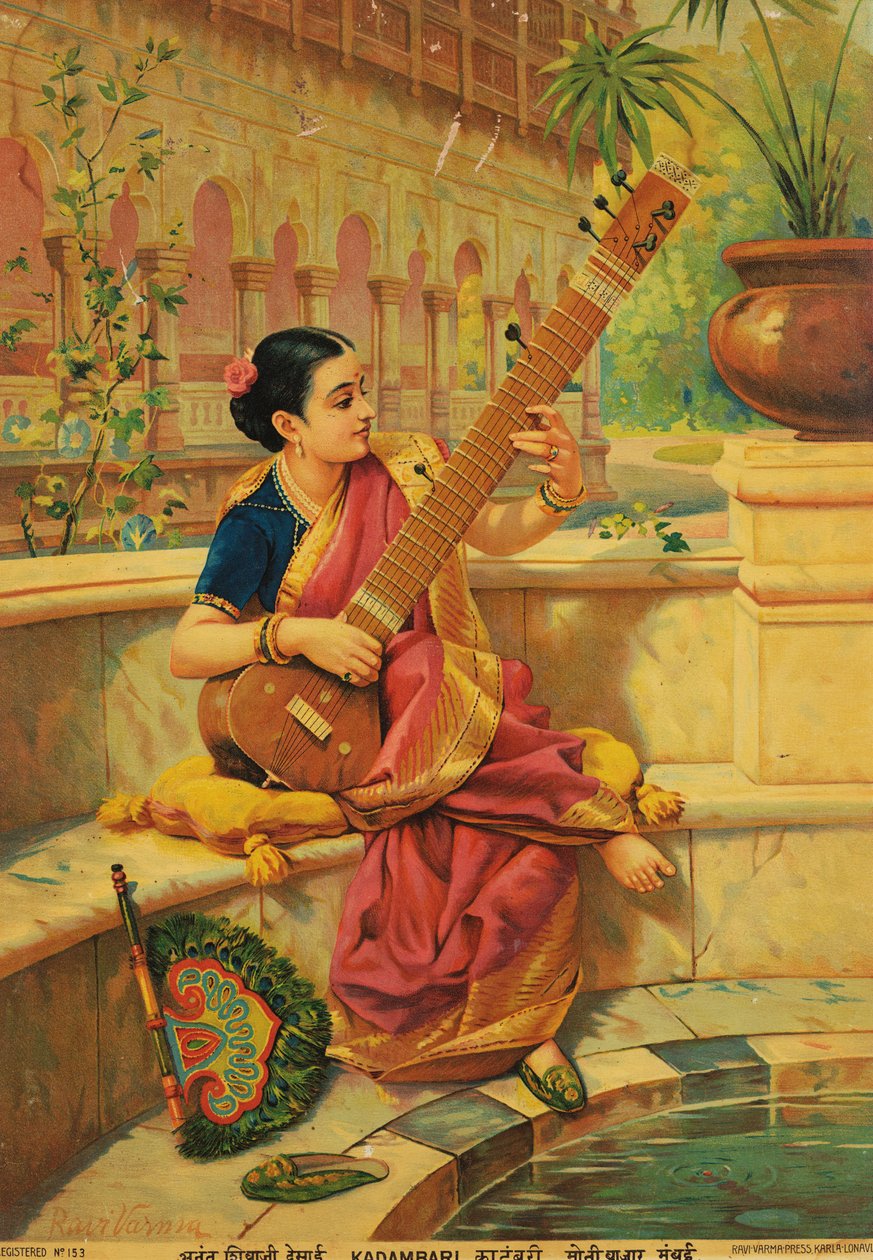 Kadambari grający na sitarze autorstwa Raja Ravi Varma