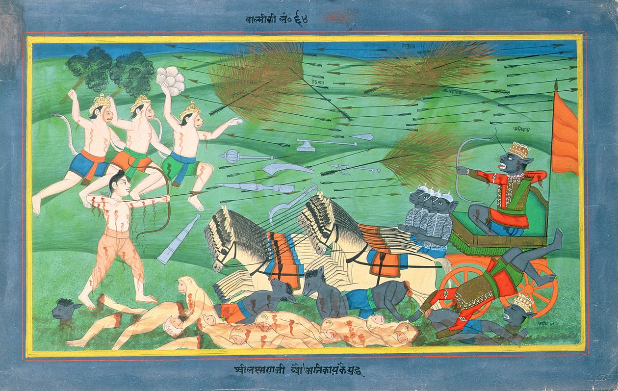 Bitwa pod Lanką, między Ramą a Rawaną, królem Rakszasów, z Ramajany, początek XIX w. (wc na papierze) autorstwa Rajasthani School
