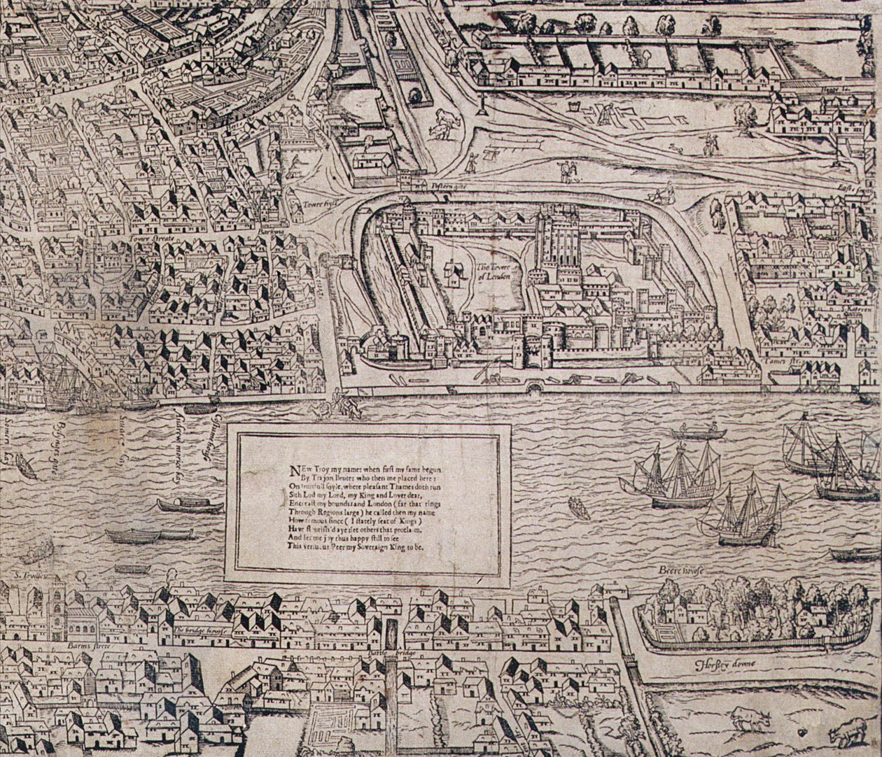 Fragment Tower of London, z „Civitas Londinum”, mapa Londynu, 1560 autorstwa Ralph Agas
