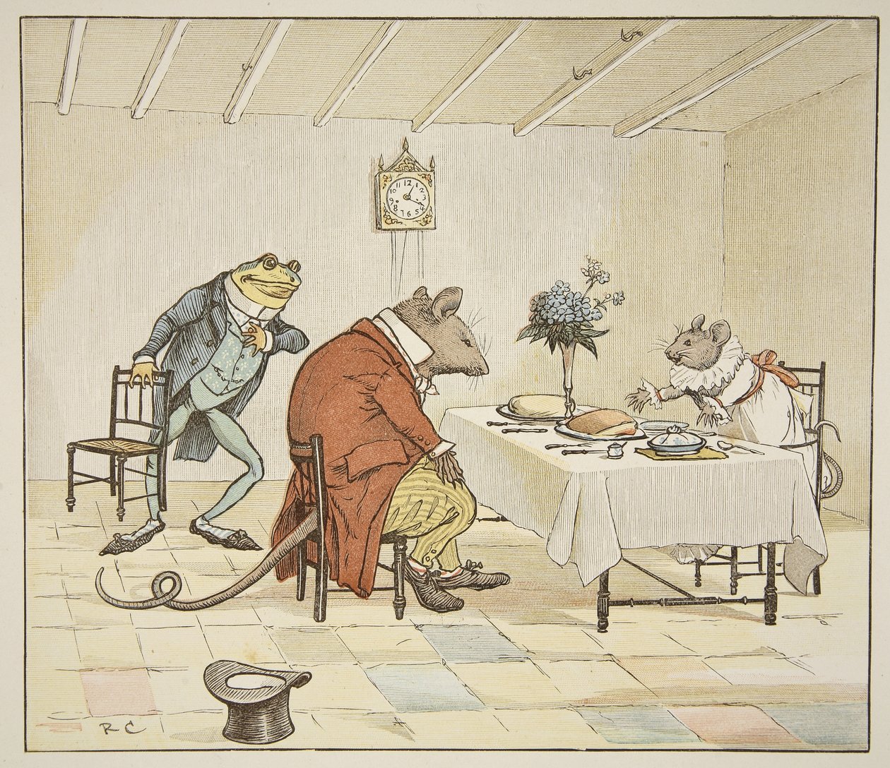 Módl się, Panno Mysz, czy dasz nam trochę piwa, ilustracja z „A Frog He would A-Wooing Go”, wyd. przez Fredericka Warne und Co. autorstwa Randolph Caldecott