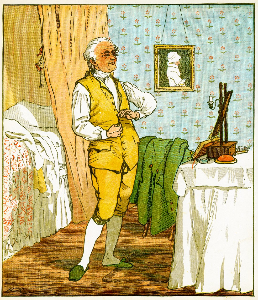 The good man of Islington dressing, Ilustracja z Elegii o śmierci szalonego psa Olivera Goldsmitha, 1879 r. autorstwa Randolph Caldecott