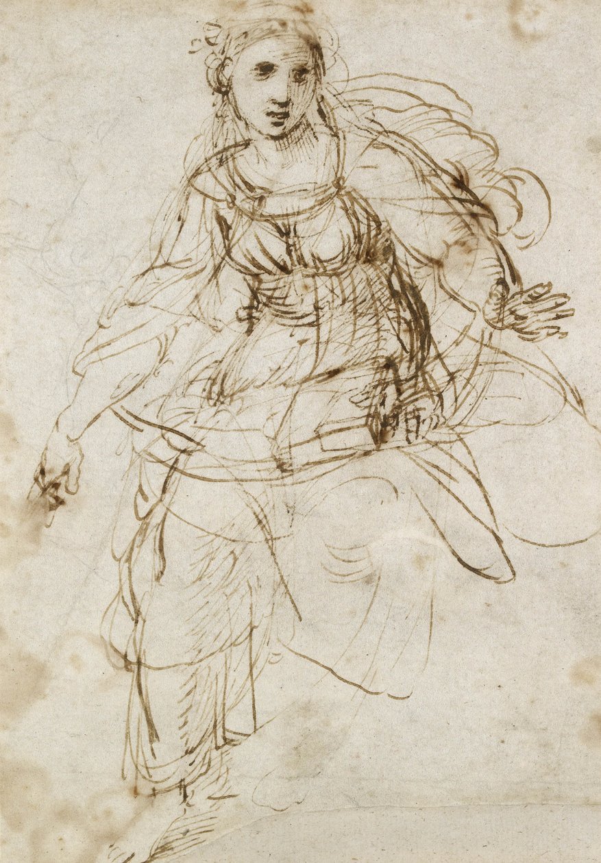 Alegoryczna figura teologiczna (pióro i brązowy tusz na białym papierze) autorstwa Raffaello Sanzio Raphael