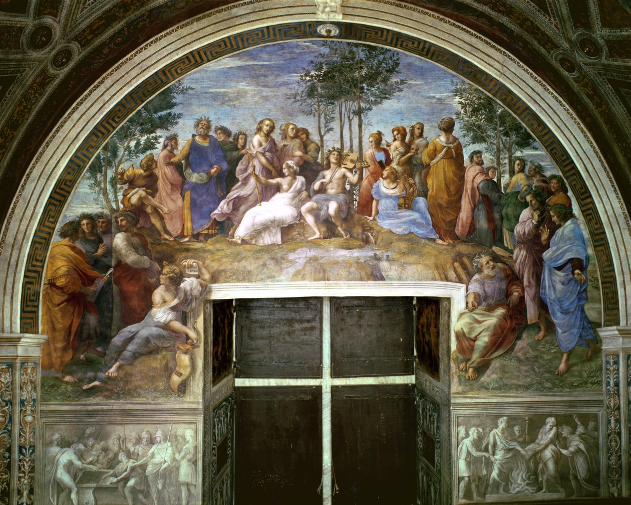 Parnassus, ze Stanza della Segnatura, 1510-11 (patrz także 16879) autorstwa Raffaello Sanzio Raphael