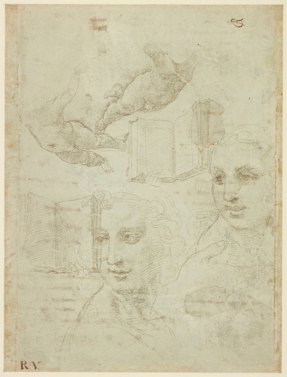 Recto: Dwie głowy i inne studia. Verso: Wstępny szkic Sonetu „Come non podde dir”, WA1846.188 autorstwa Raffaello Sanzio Raphael