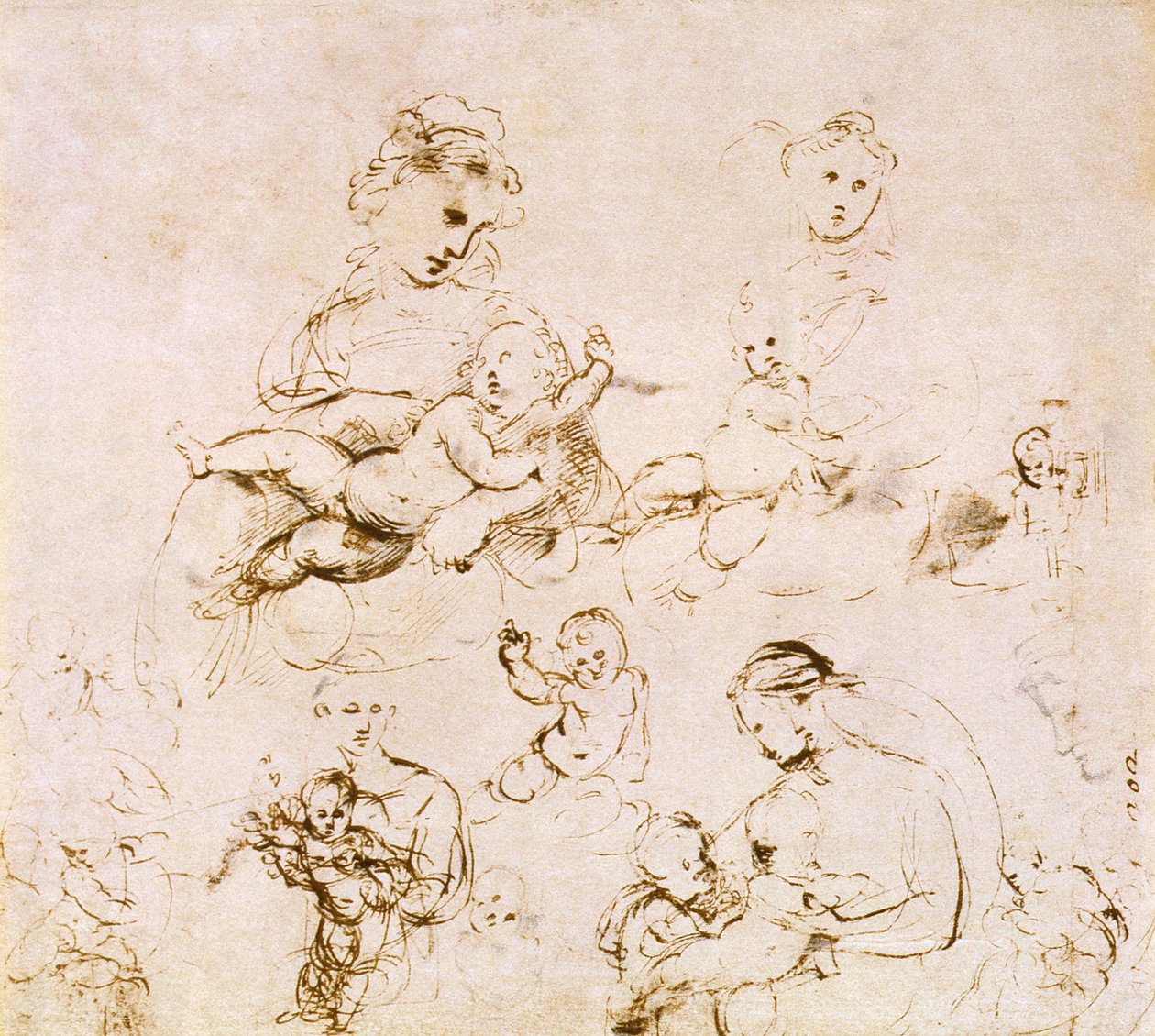 Kilka badań Madonny z Dzieciątkiem (pióro i atrament) autorstwa Raffaello Sanzio Raphael