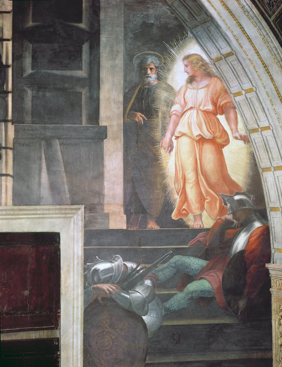 Św. Piotr ucieka z aniołem, z „Wyzwolenie św. Piotra” w Stanza di Eliodoro, 1512-14 (szczegół) (zob. 135637-8) autorstwa Raffaello Sanzio Raphael