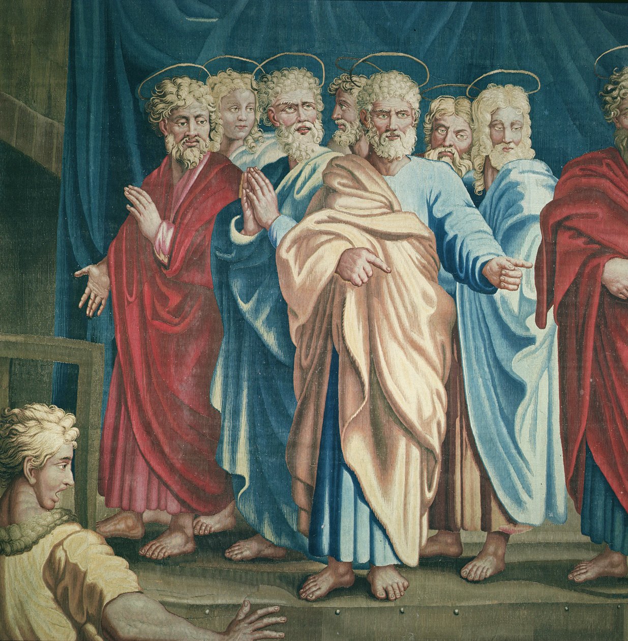 Gobelin przedstawiający Dzieje Apostolskie, śmierć Ananiasza fragment św. Pawła i apostołów, tkany w warsztacie Beauvais pod kierunkiem Philippe