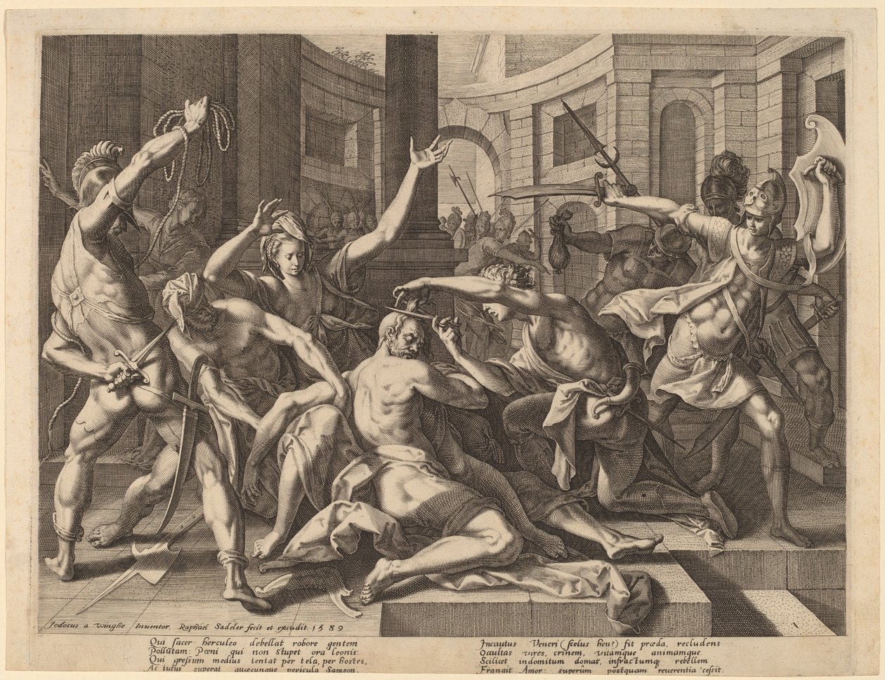 Dalila obcinająca włosy Samsona, 1589. autorstwa Raphael Sadeler