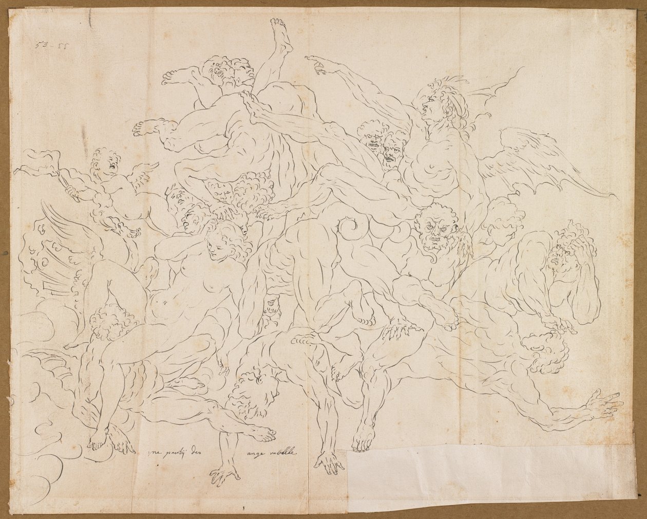 Szczegóły pióra i czarnego tuszu Fall of the Rebel Angels na papierze autorstwa Raymond Lafage