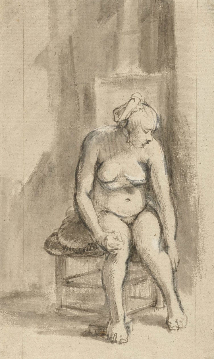Naga kobieta siedząca przy piecu, ok. 1660-62 autorstwa Rembrandt van Rijn