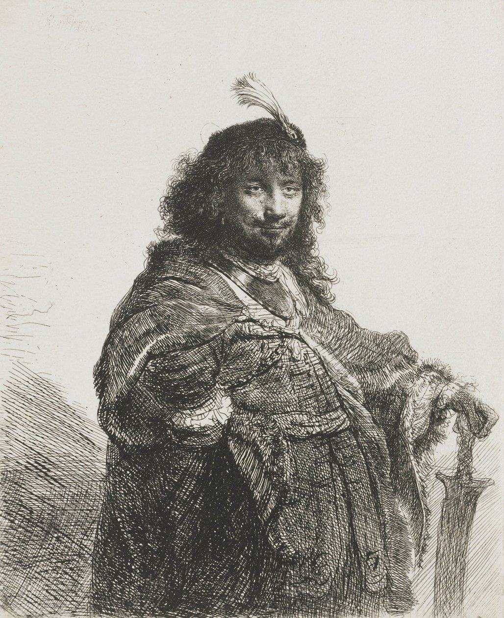 Autoportret(?) z beretem z pióropuszem, ręka oparta na mieczu, 1634 autorstwa Rembrandt van Rijn