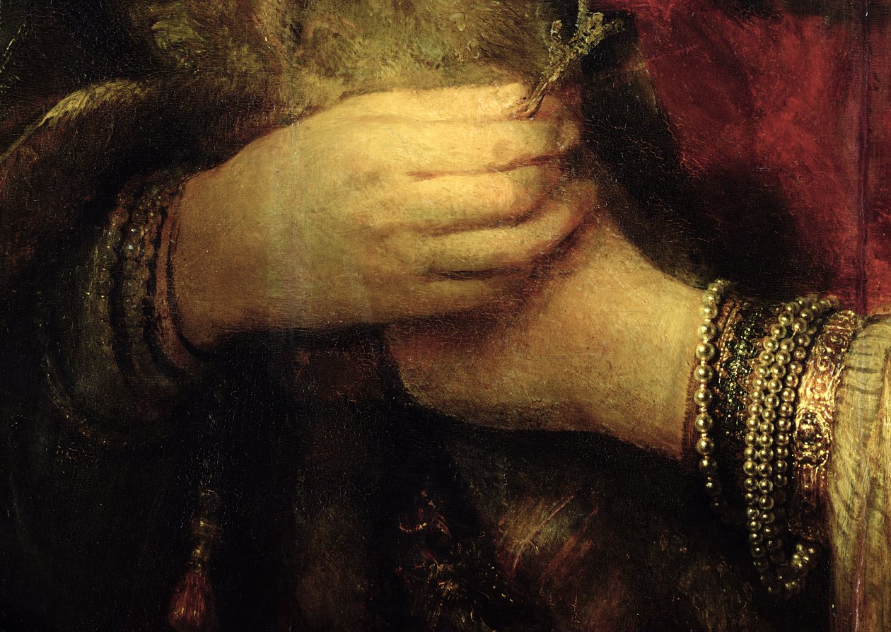 Portret Saskii van Uylenburgh (1612-42) w bogatym stroju (szczegół) (patrz 244316) autorstwa Rembrandt van Rijn