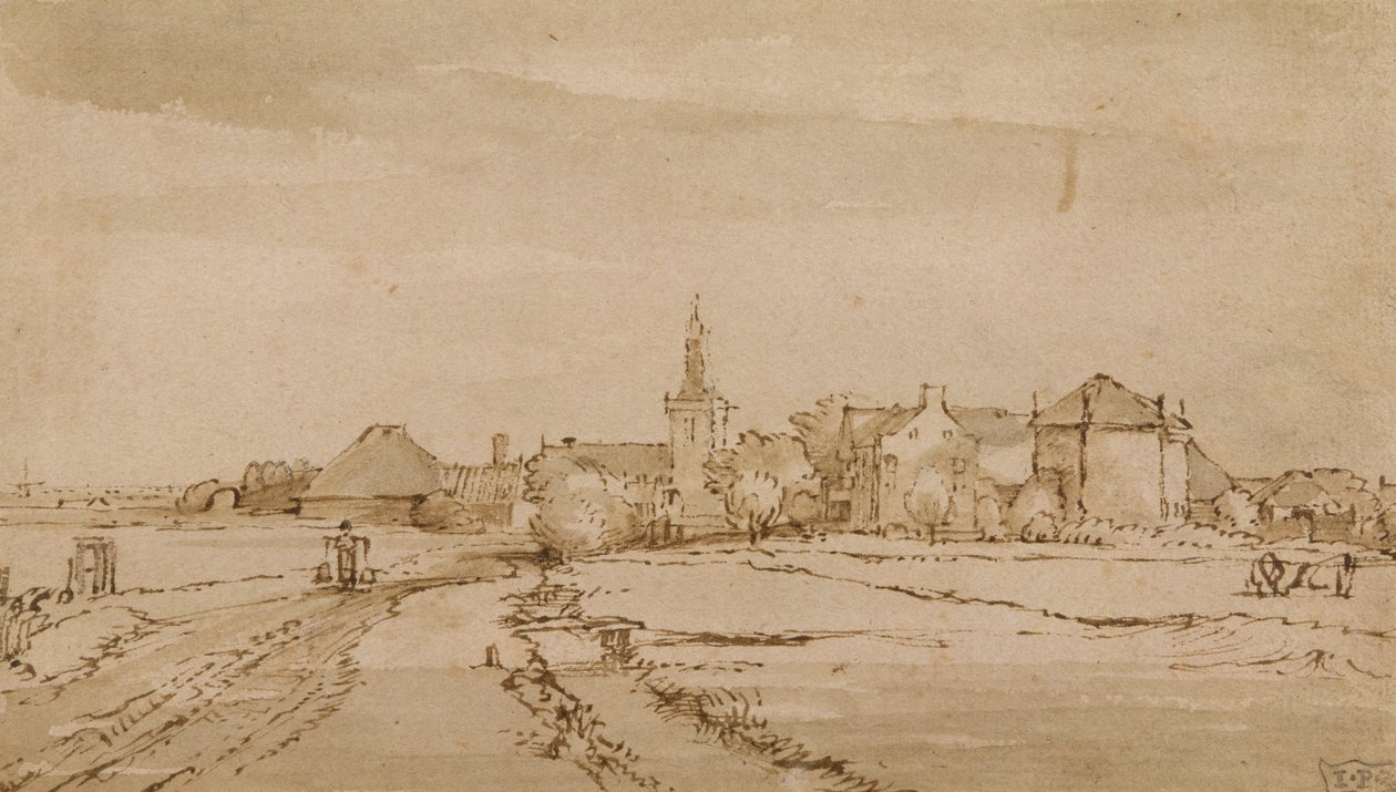 Widok Diemena, ok.1650-52 (długopis, brązowy tusz, pranie na papierze) autorstwa Rembrandt van Rijn