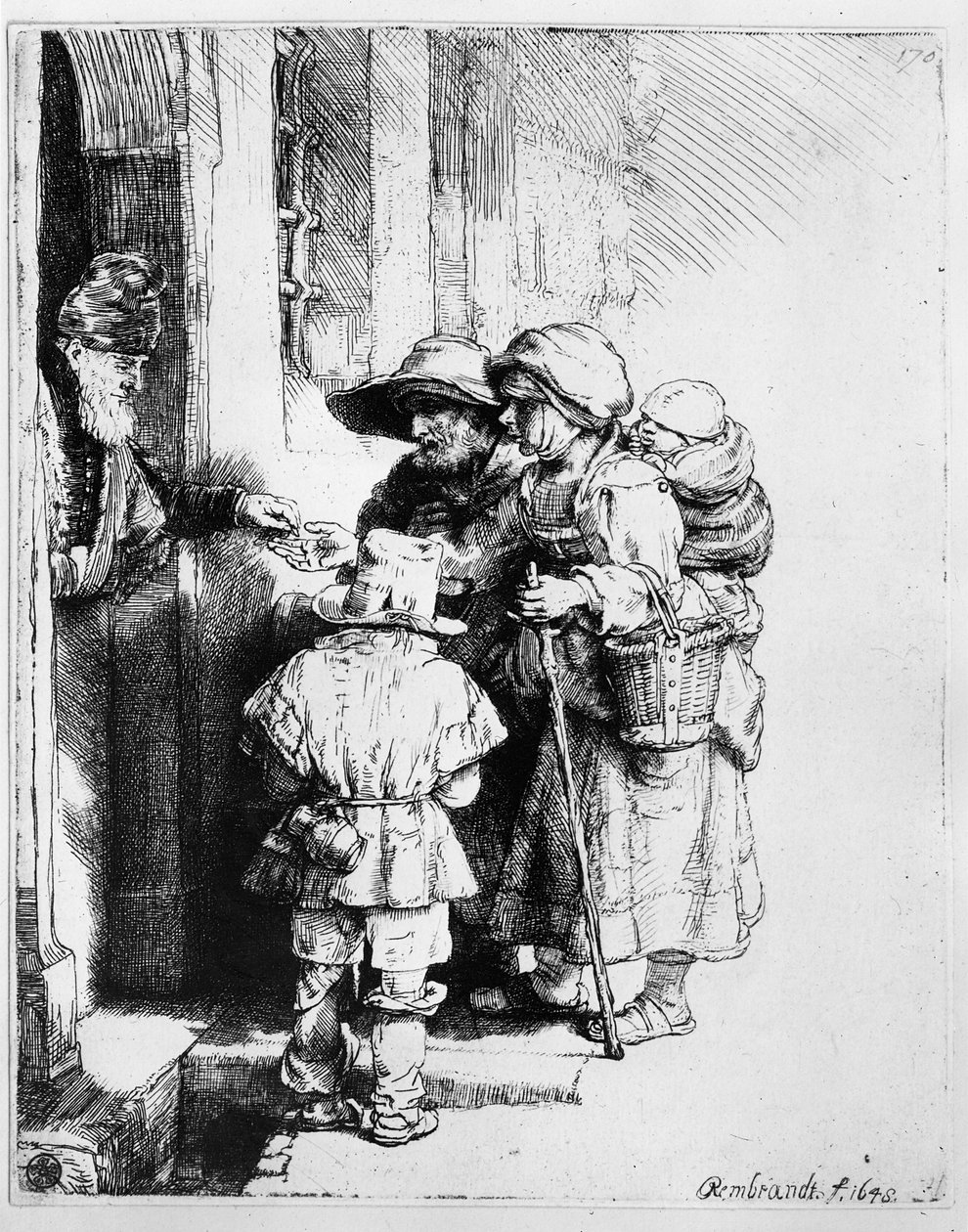 Żebracy otrzymujący jałmużnę, 1648 autorstwa Rembrandt van Rijn
