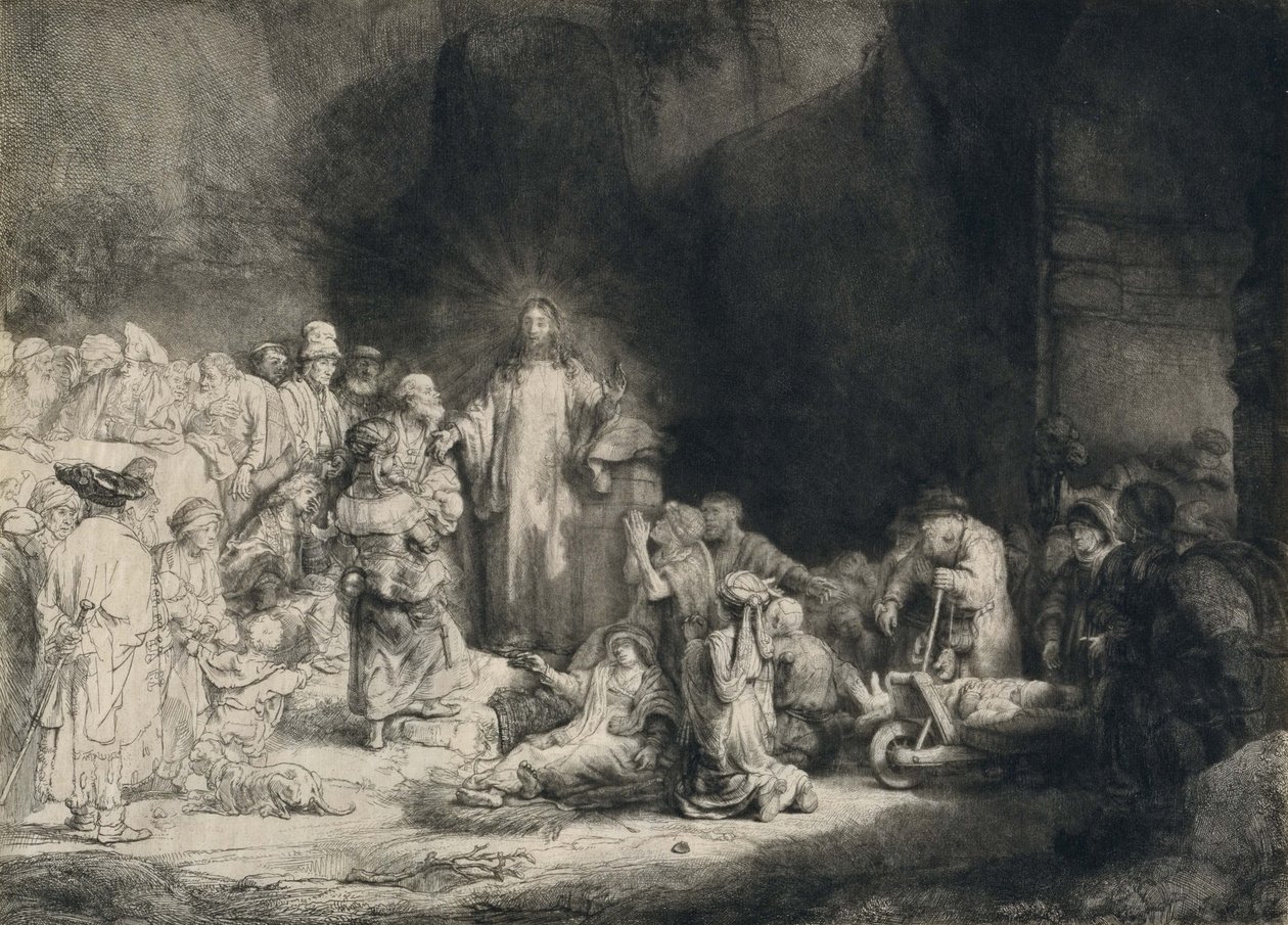 Chrystus z chorymi wokół siebie, przyjmujący małe dzieci (nadruk stu guldenów) autorstwa Rembrandt van Rijn