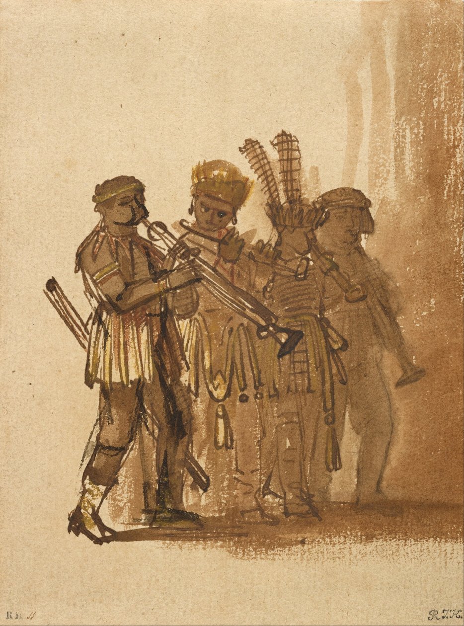 Czterech muzyków z instrumentami dętymi autorstwa Rembrandt van Rijn
