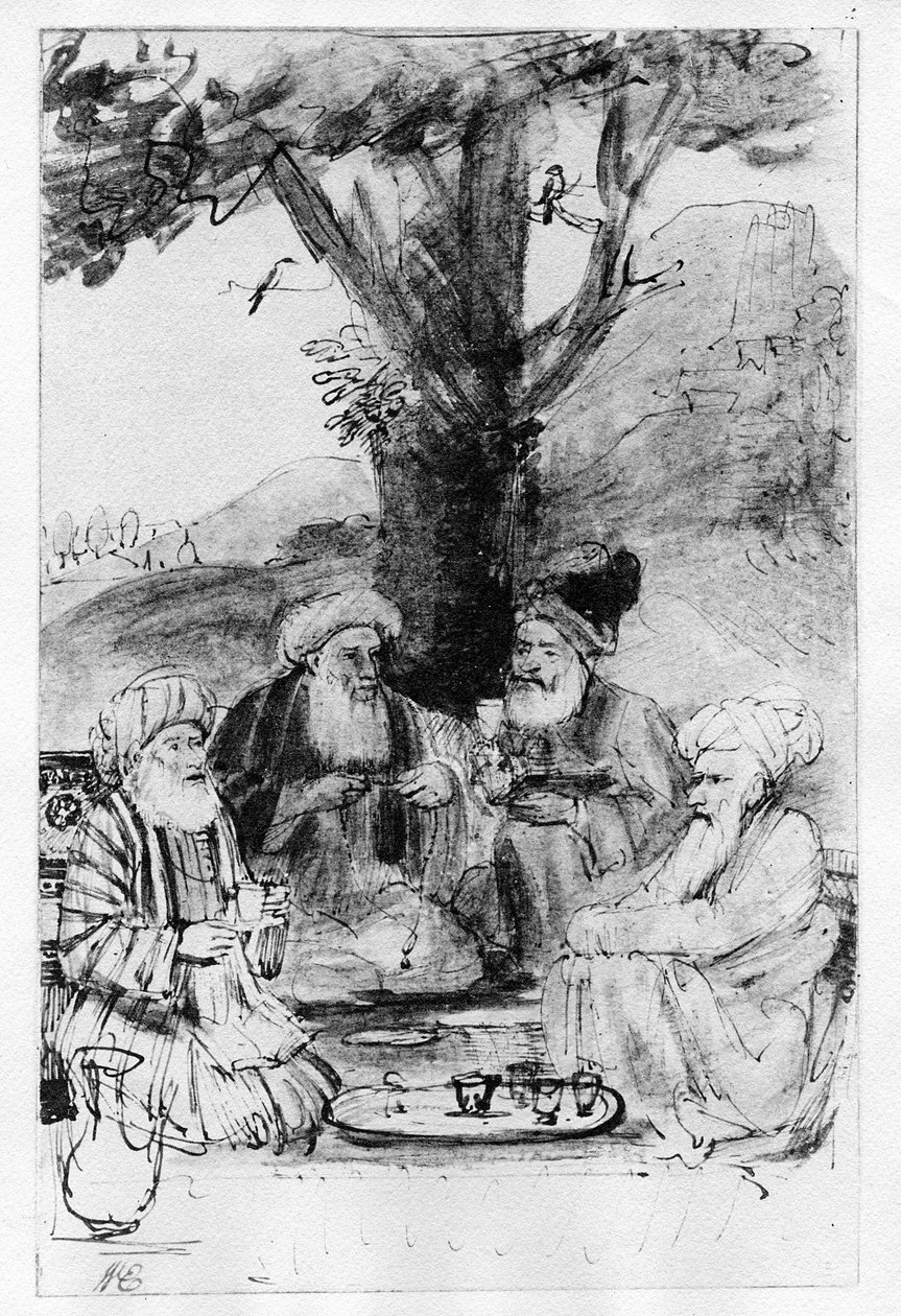 Cztery orientalne siedzące pod drzewem, ok. 1659 (pióro, atrament i pranie na papierze) autorstwa Rembrandt van Rijn
