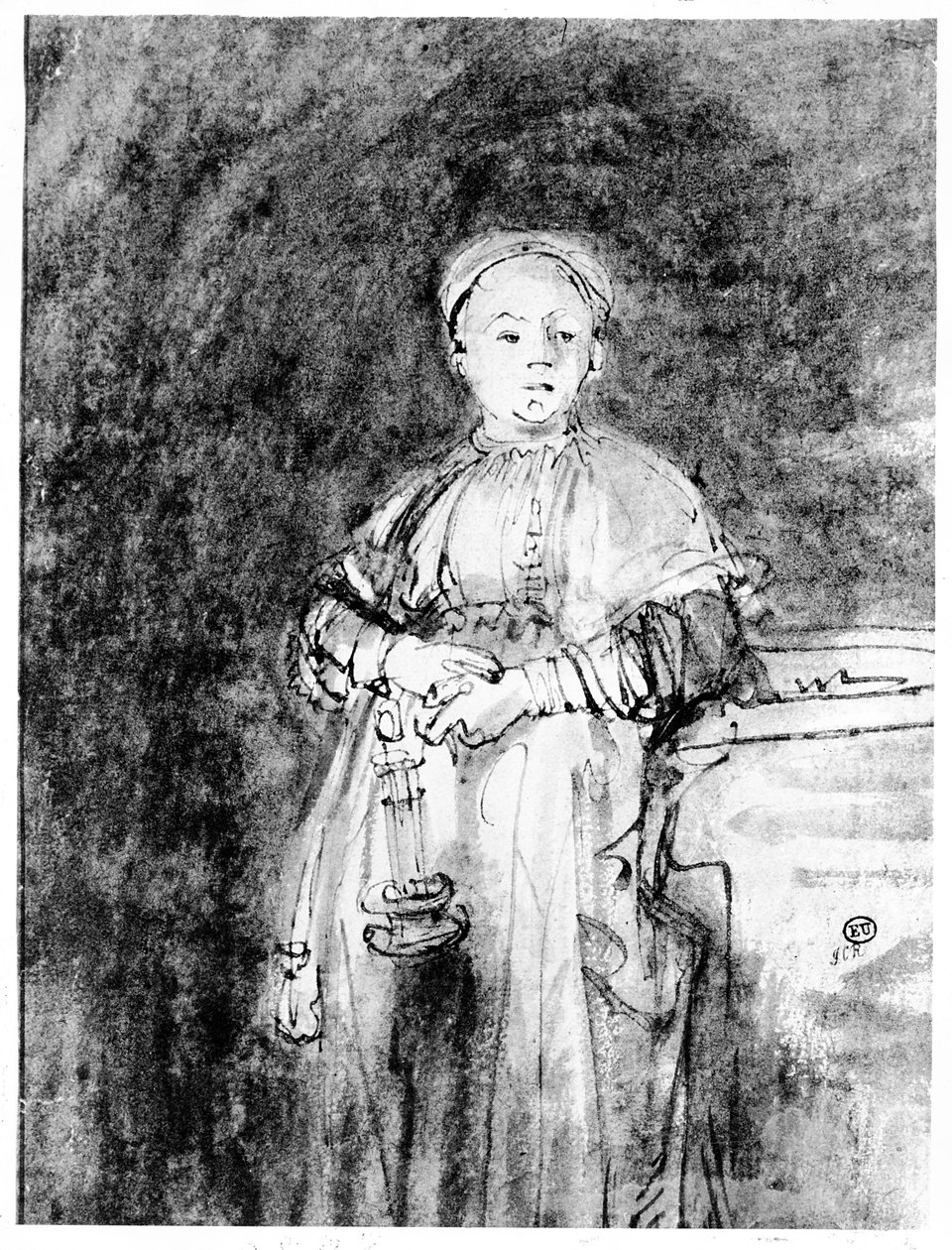 Kobieta ze świecą, ok. 1631 (pióro, tusz i pranie na papierze) autorstwa Rembrandt van Rijn