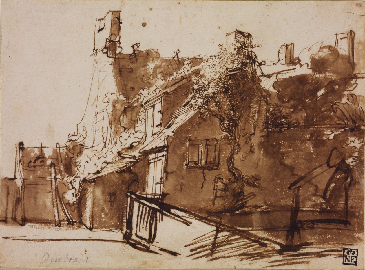 Dom wiejski w świetle słonecznym autorstwa Rembrandt van Rijn