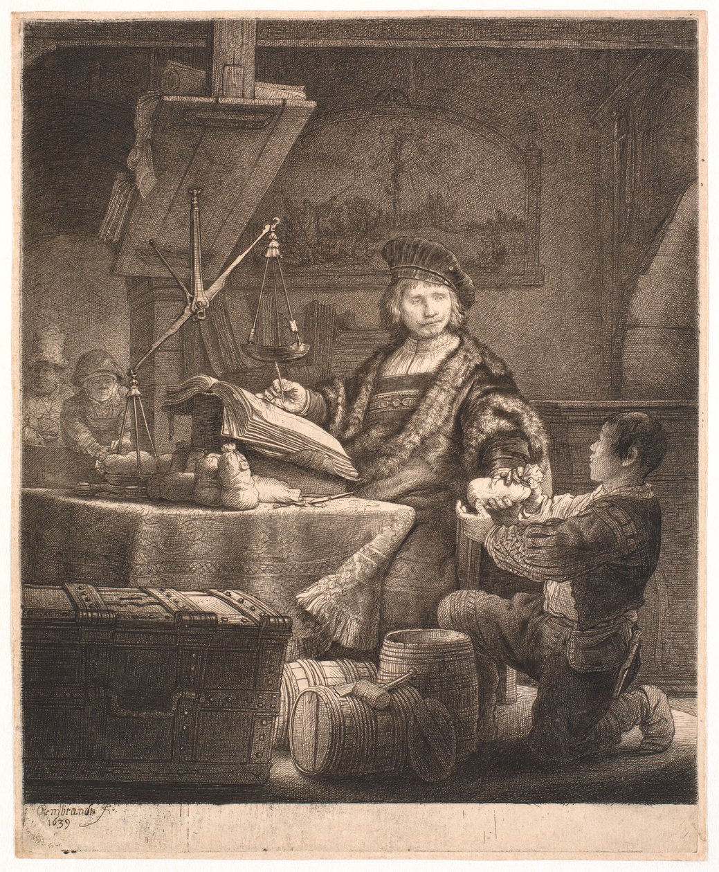 Jan Uytenbogaert, „Waga złota” autorstwa Rembrandt van Rijn