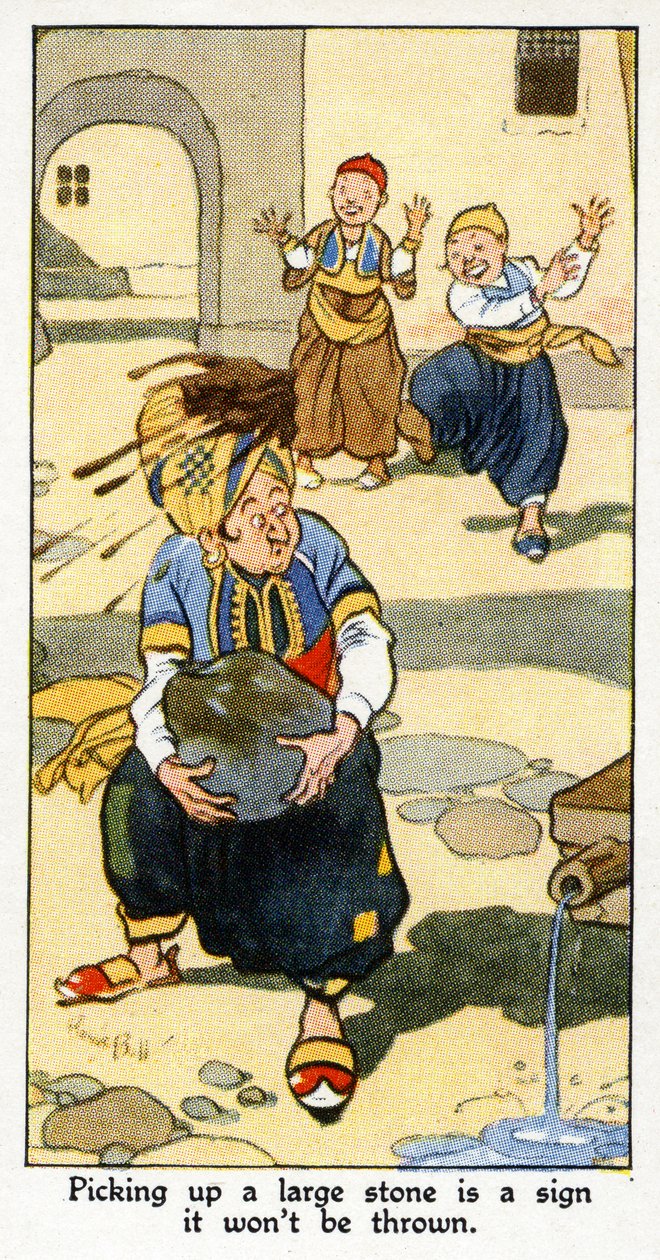 „Podniesienie dużego kamienia to znak, że się nim nie rzuci”, 1931 autorstwa René Bull