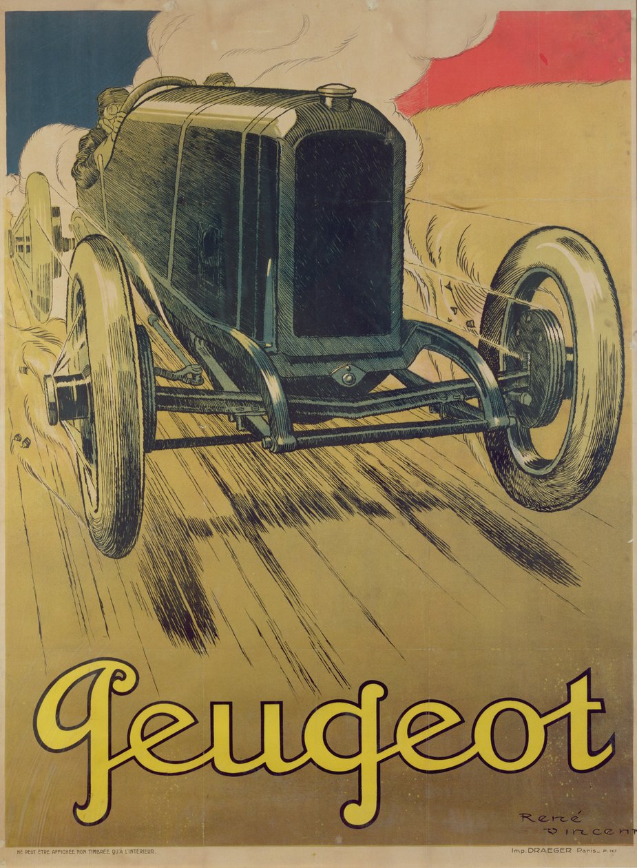 Plakat reklamujący samochód wyścigowy Peugeot, ok. 1918 r. autorstwa Rene Vincent
