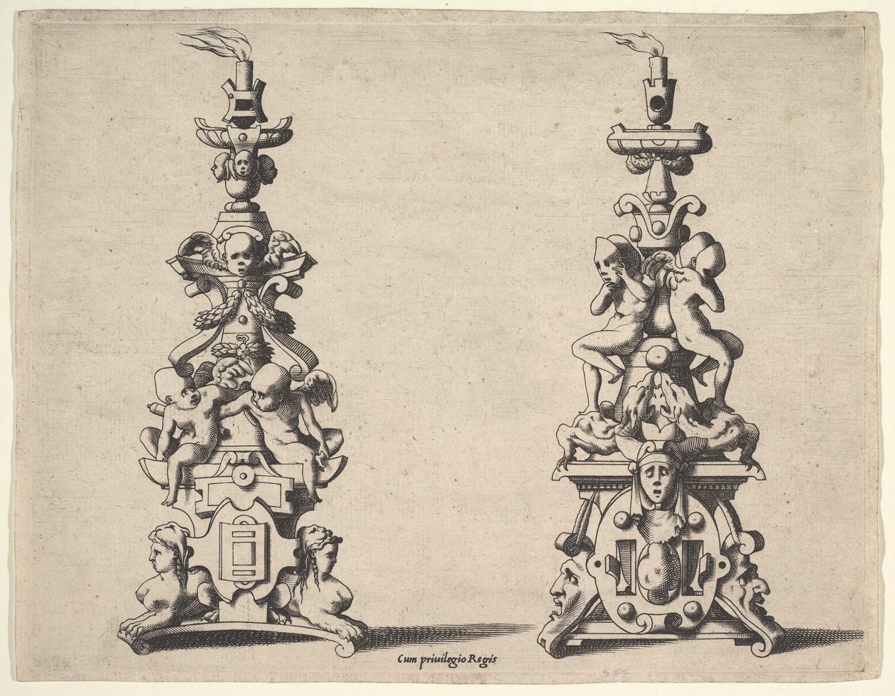 Dwa wzory świeczników, ca. 1550-60. autorstwa Rene Boyvin