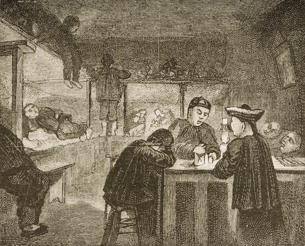 Chińska jaskinia opium w San Francisco w latach 70. XIX wieku, ok. 1880 r autorstwa Reverend Samuel Manning
