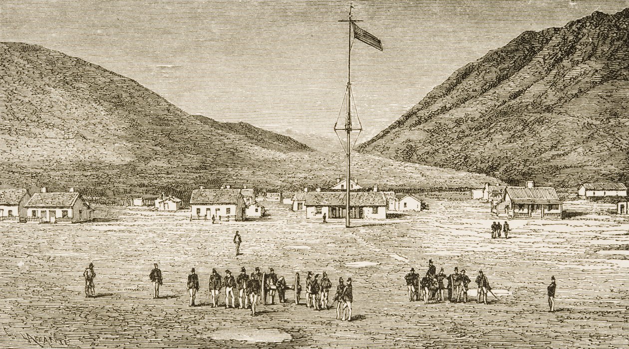 Obóz Fort Douglas i wąwóz Red Buttes w pobliżu Salt Lake City, Utah, lata 70-te XIX w., ok. 1880 r. autorstwa Reverend Samuel Manning