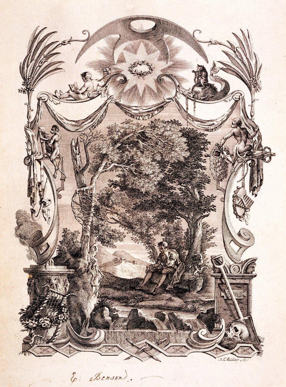 Poeta kontemplujący śmierć, ilustracja z "Sześciu poematów Tomasa Graya", opublikowanych w 1775 r. autorstwa Richard Bentley