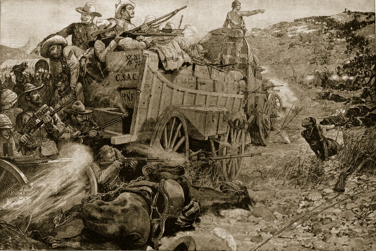 Wojna Matabele, 1893: Atak na Laager of Wagons na rzece Imbembezi, 1 listopada, z „The Illustrated London News”, 1901 autorstwa Richard Caton Woodville
