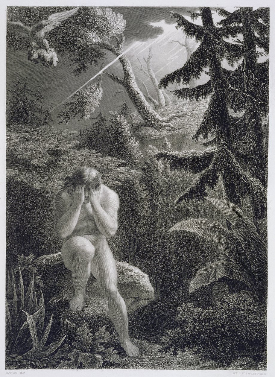 Adam lamentujący nad swoją grzesznością, z francuskiego wydania „Raju utraconego” Johna Miltona (1608-1674) rytego przez Goulu i Rensonnette, opublikowanego w 1868 roku autorstwa Richard Edmond Flatters