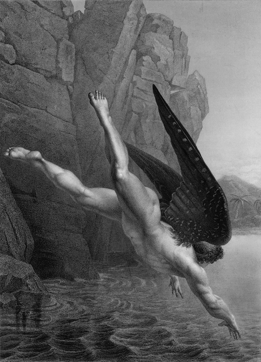 Szatan zanurza się w rzece Styks, z francuskiego wydania „Raju utraconego” Johna Miltona (1608-1674) rytego przez Darodesa, opublikowanego w 1868 r. autorstwa Richard Edmond Flatters