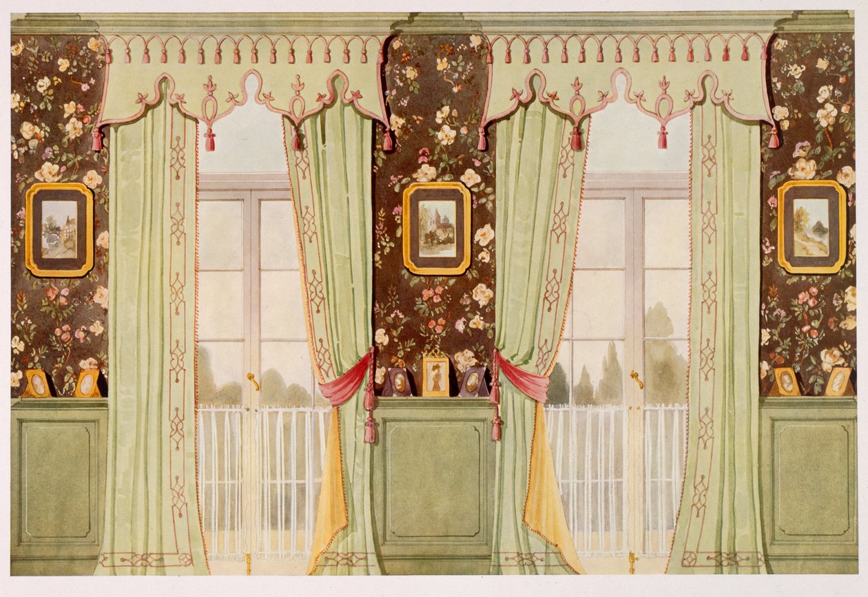 Eleganckie zasłony do salonu z wyszukanym lambrekinem autorstwa Richard Goulburn Lovell