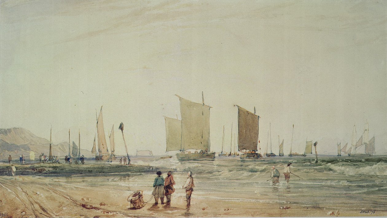 Wybrzeże Francuskie, z łodziami rybackimi, XIX w. (akwarela) autorstwa Richard Parkes Bonington