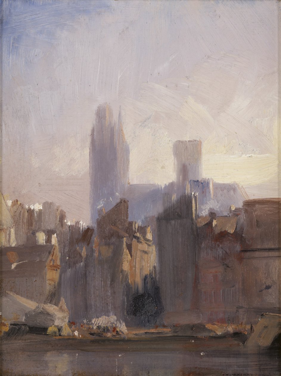Katedra w Rouen, Wschód słońca, 1825 (olej na tartaku) autorstwa Richard Parkes Bonington