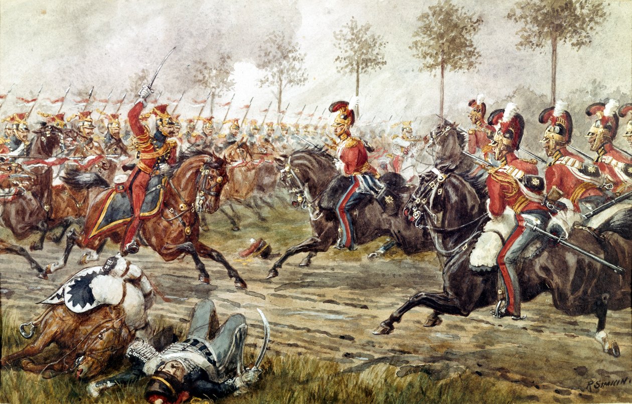 Szarża 1. Strażników Życia w Genappe, 17 czerwca 1815, c.1890 autorstwa Richard Simkin