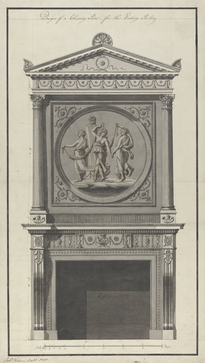 Dom przyczółkowy. Jadalnia, Kawałek komina, 1771 (pióro i atrament i pranie na papierze) autorstwa Robert Adam