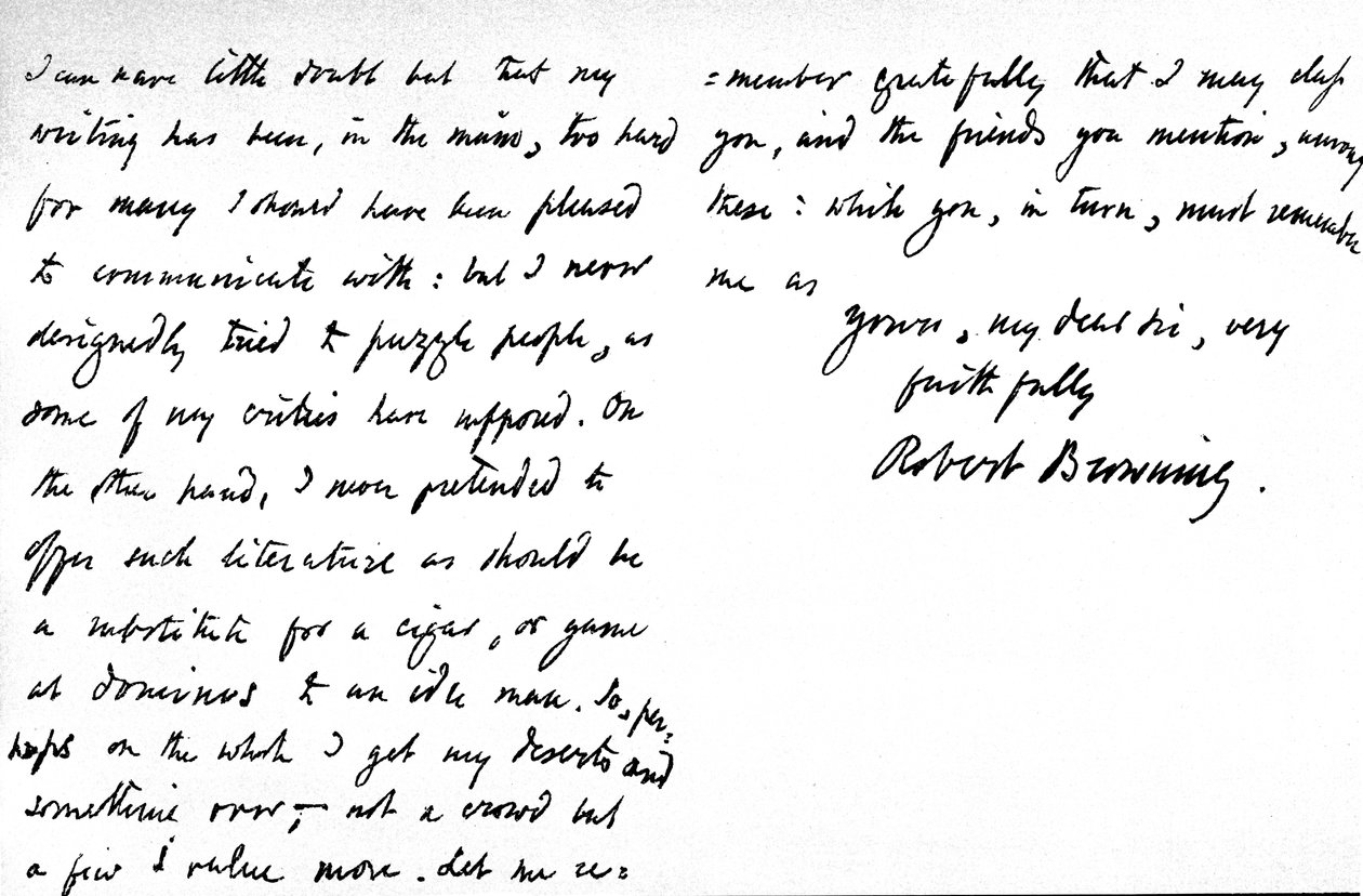 List do Williama G. Kingslanda, dotyczący rzekomej niejasności jego poezji i pisarstwa, napisany o godzinie 19, Warwick Crescent, Upper Westbourne Terrace, Londyn, 27 listopada 1868 r. autorstwa Robert Browning