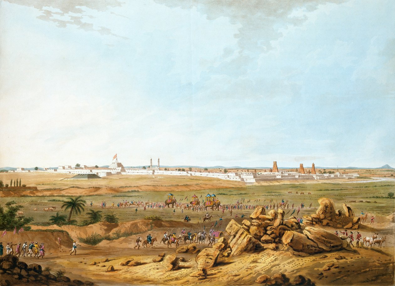 Widok Seringapatam na wschód z 15 maja 1791 r., ilustracja z Dwunastu widoków Mysore, kraju sułtana Tippoo, grawerowana i kolorowana przez J.W. Edy, opublikowano 1804 (kolorowa akwatinta) autorstwa Robert H. Colebrooke