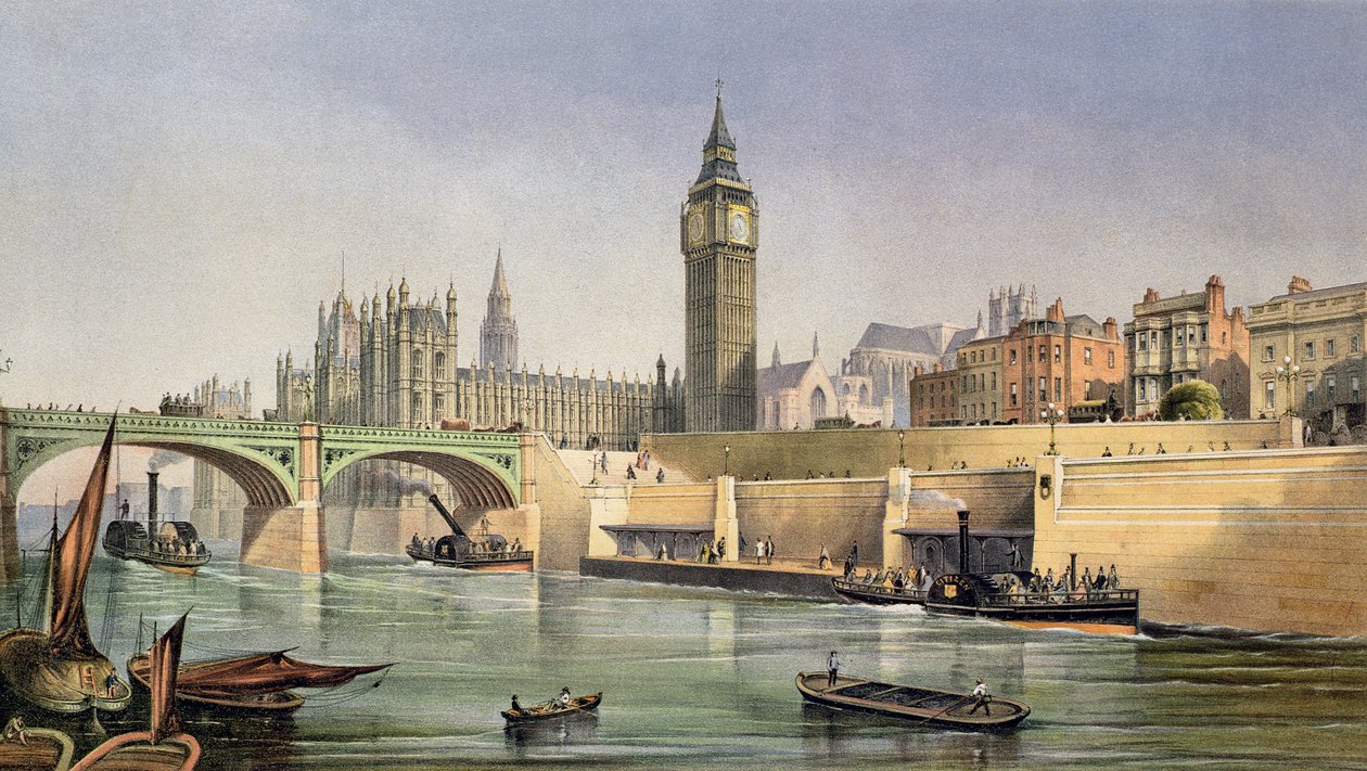 Thames Embankment przedstawiający molo do lądowania łodzi parowych na moście Westminster, grawerowane przez Day and Son, 1864 autorstwa Robert Kent Thomas