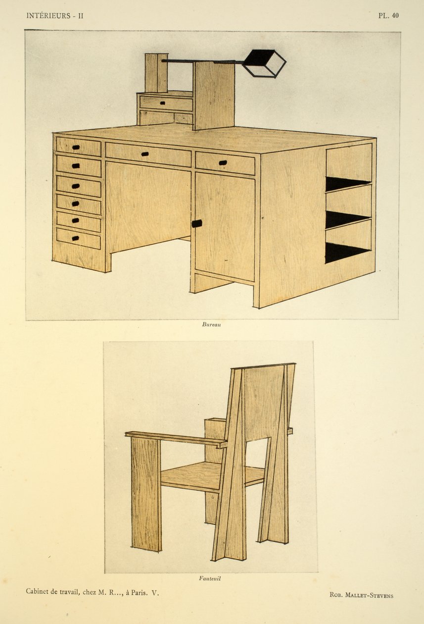 Cabinet de travail V, chez M.R.., w Paryżu, ilustracja z „Interieurs” Leona Moussinaca, wyd. Albert Levy, 1924-26 autorstwa Robert Mallet Stevens