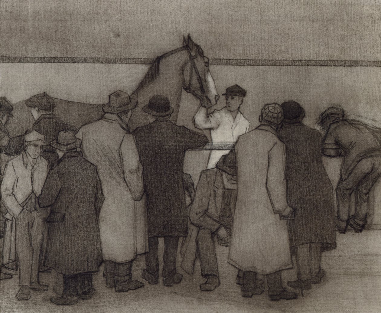 Sprzedaż w Wards Repository, No.2, c.1918 (kredka i węgiel na papierze) autorstwa Robert Polhill Bevan