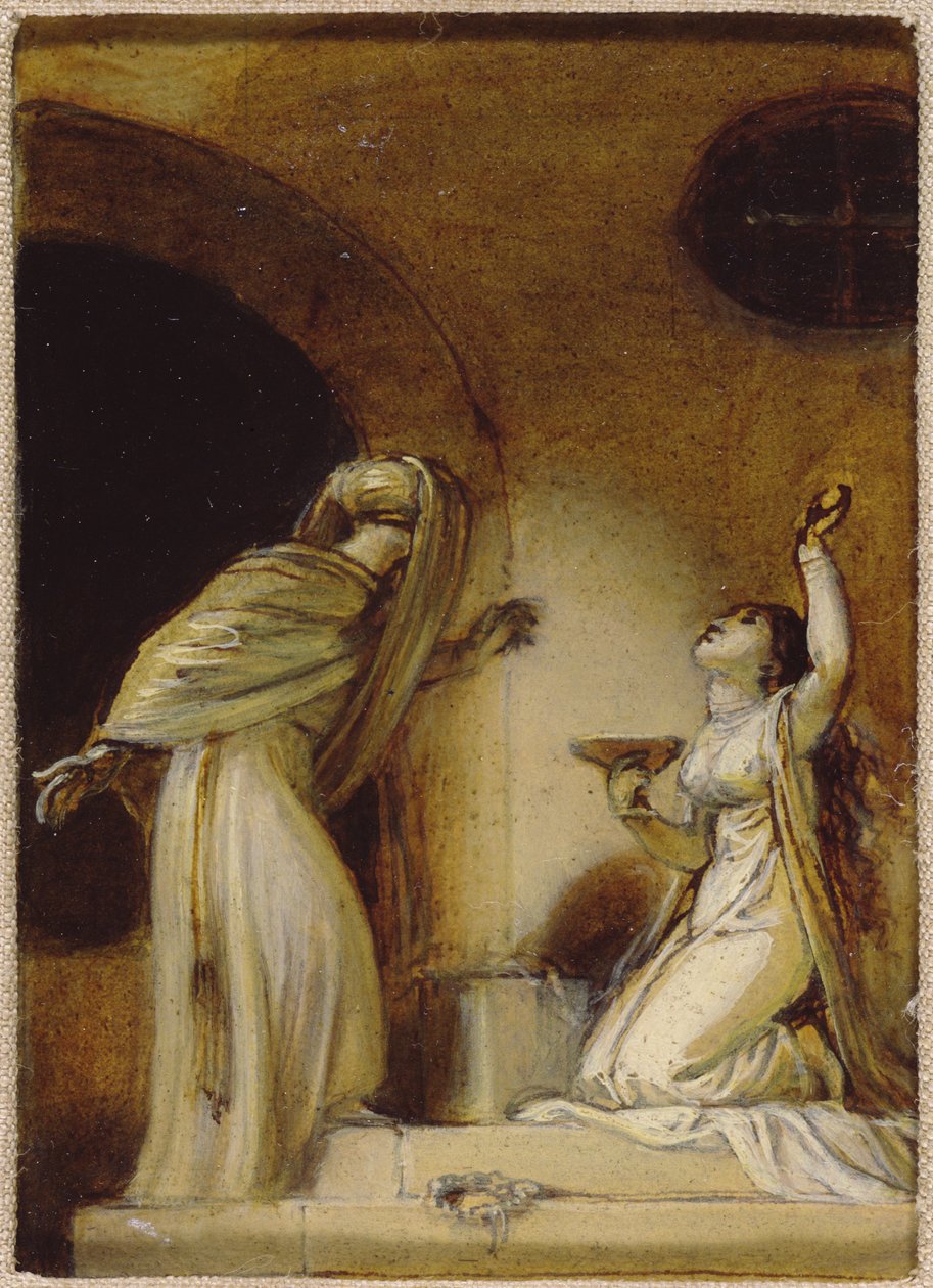 Klęcząca postać kobieca z kubkiem, ilustracja do wschodniego romansu, prawdopodobnie „Arabskie noce” (olej na papierze na płycie) autorstwa Robert Smirke