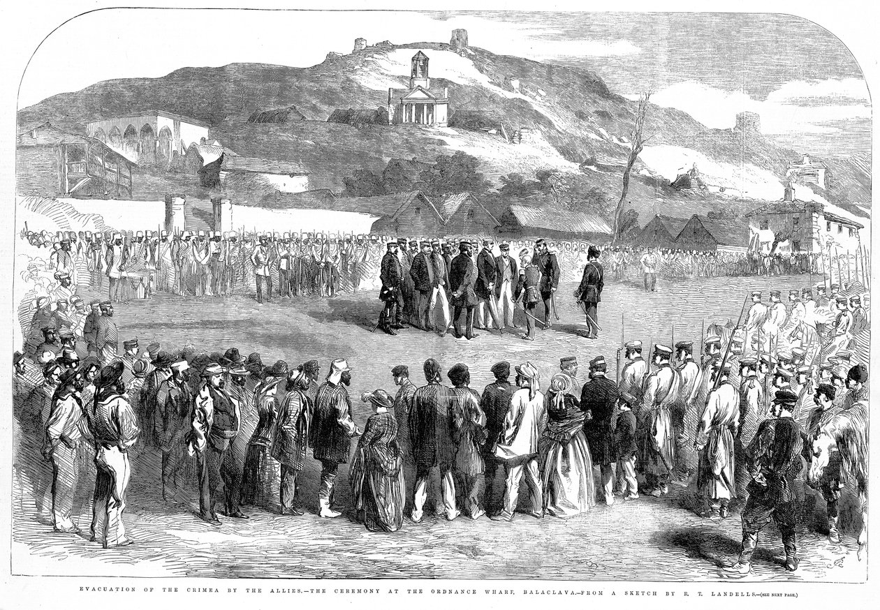 Ewakuacja Krymu przez aliantów, Ceremonia w Ordinance Wharf, Balaclava, z Illustrated London News, 30 sierpnia 1856 autorstwa Robert Thomas Landells