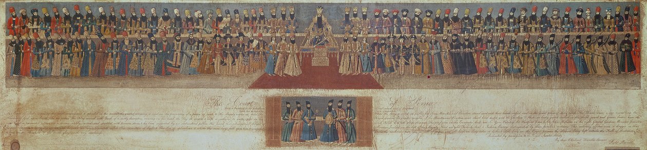 Court of Fath Ali, Shah of Persia, c.1799, z zagranicznymi ambasadorami, w tym Sir Harford Jones i Sir John Malcolm (1769-1833) autorstwa Robert the Younger Havell