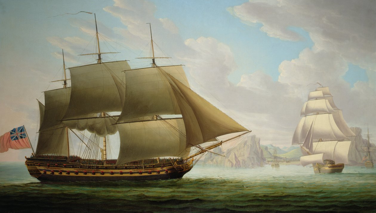East Indiaman „Cirencester” przy St. Helena, 1795 autorstwa Robert Dodd