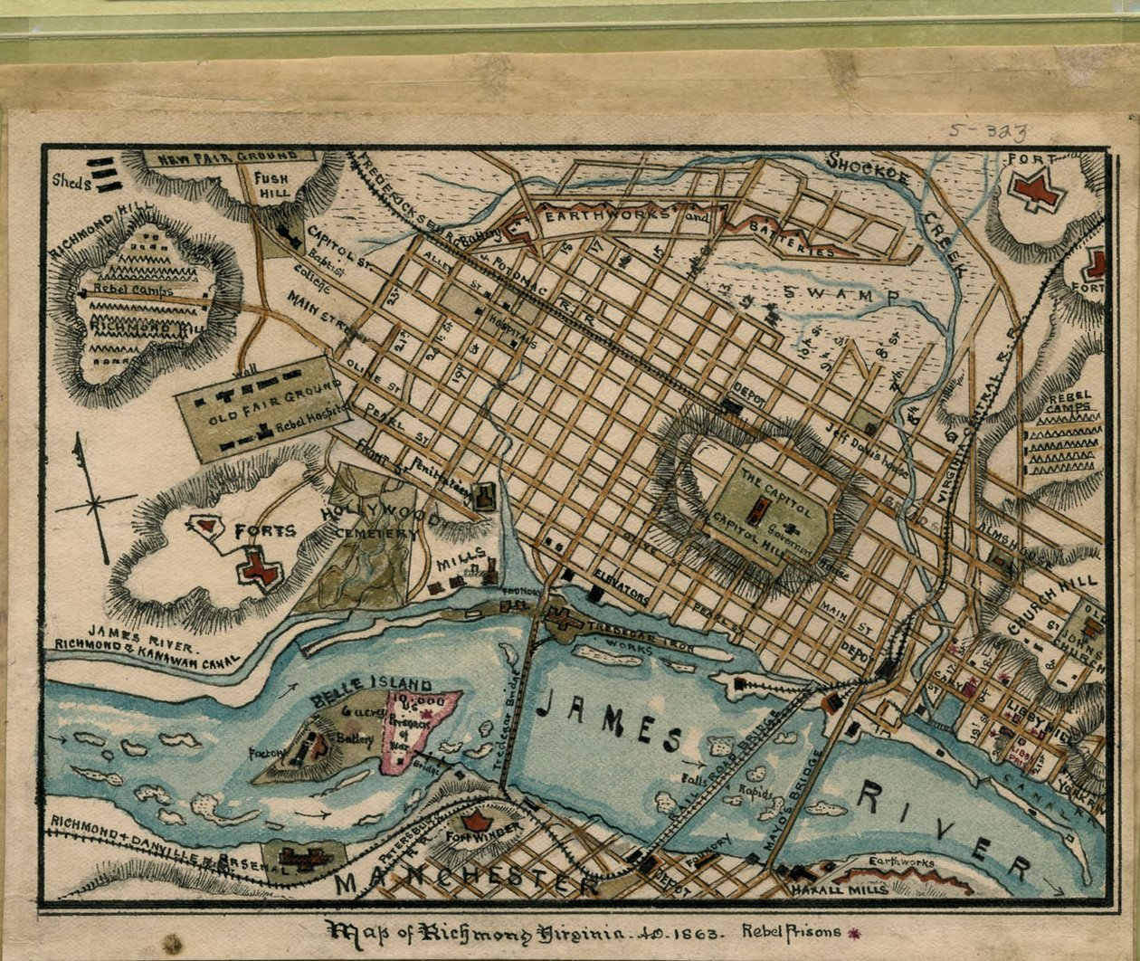 Mapa Richmond w stanie Wirginia... 1863 r. LOC gvhs01.vhs00051 autorstwa Robert Knox Sneden